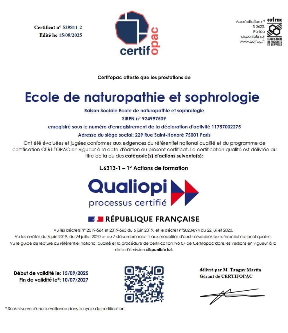 Certificat Qualiopi n°529811-2 — École de Naturopathie & Sophrologie