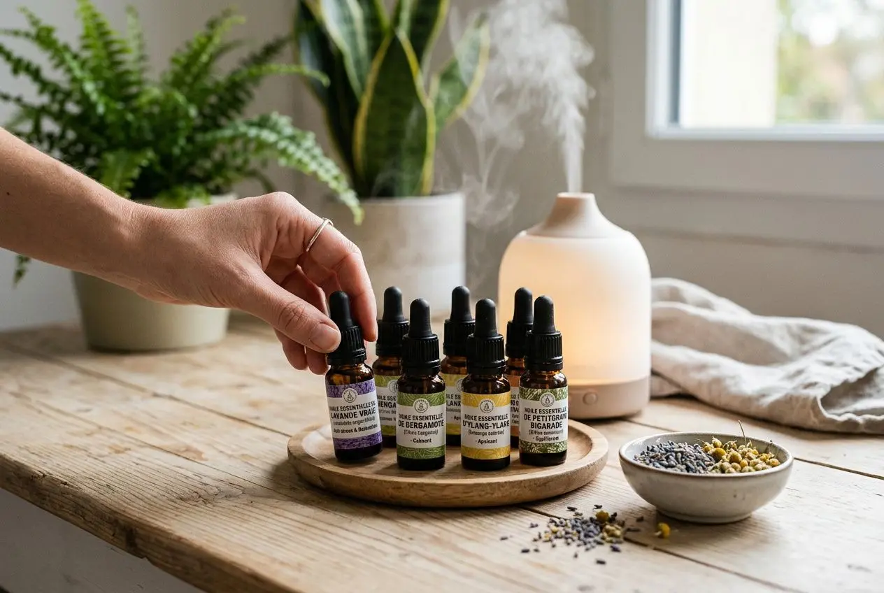 Flacons d'huiles essentielles anti-stress pour la relaxation