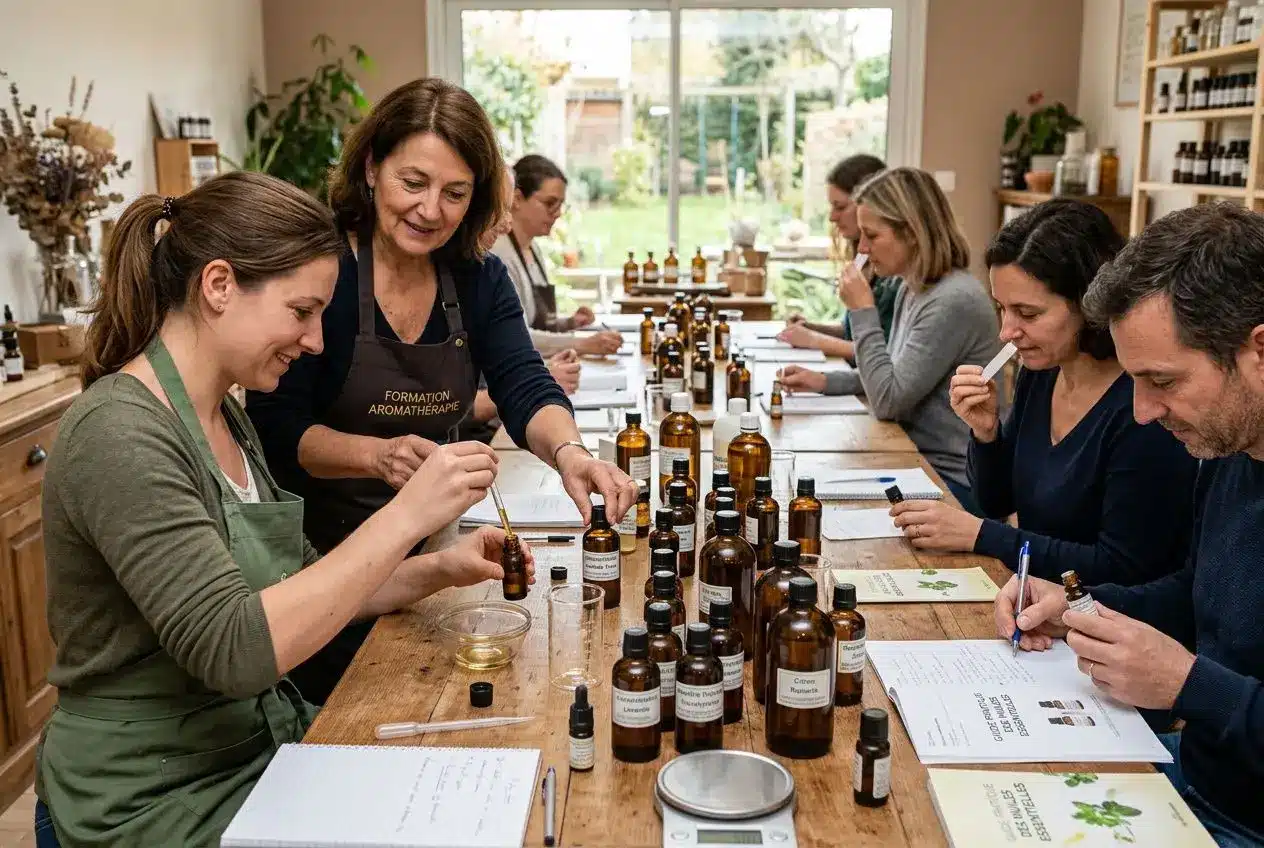 Formatrice présentant des flacons d'huiles essentielles en formation en ligne