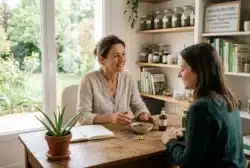 Consultation en naturopathie : praticienne et patiente autour d'un bureau avec plantes médicinales et huiles essentielles