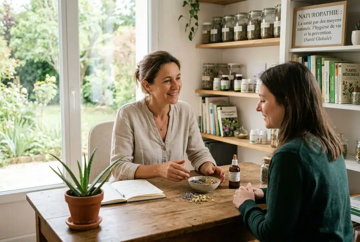 Consultation en naturopathie illustrant la définition de la naturopathie avec plantes médicinales et remèdes naturels