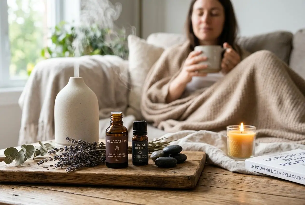 Espace détente avec huiles essentielles, bougies et livres pour se ressourcer après une journée stressante