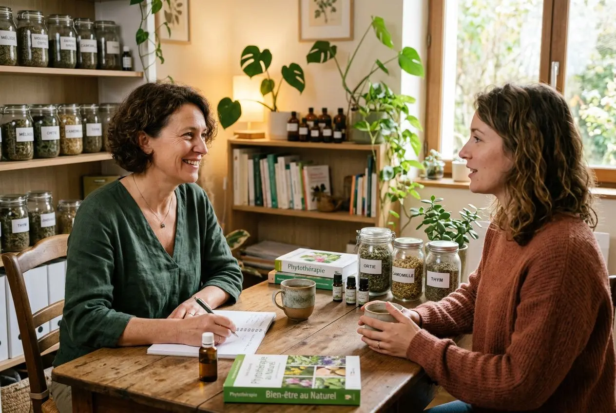Consultation en naturopathie : définition de la naturopathie illustrée par une praticienne et sa patiente entourées de plantes et herbes médicinales