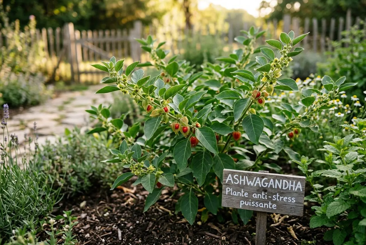 Racines d'ashwagandha séchées en poudre dorée
