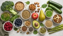 Assortiment d'aliments à index glycémique bas : légumes verts, légumineuses, fruits