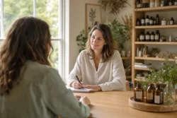 Naturopathe recevant un client pour un bilan de vitalité